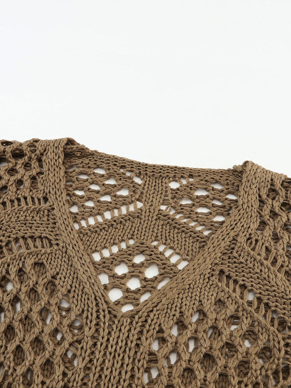 Khaki Hollowed Knit V Neck Batwing Sleeve Shift Sweater