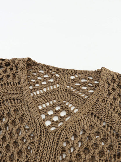 Khaki Hollowed Knit V Neck Batwing Sleeve Shift Sweater