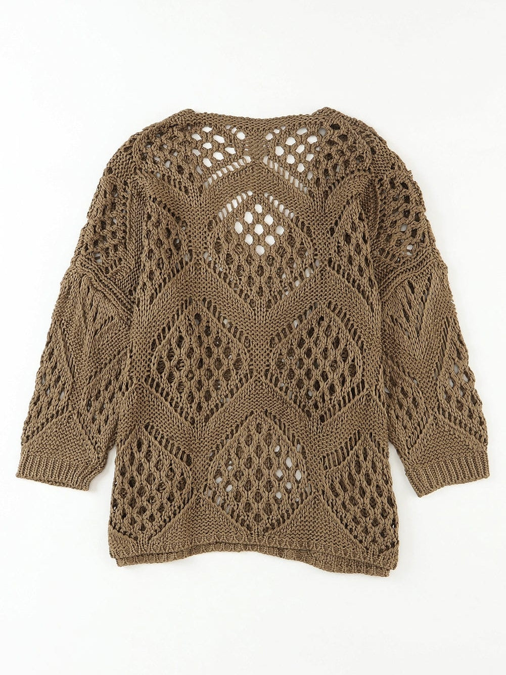 Khaki Hollowed Knit V Neck Batwing Sleeve Shift Sweater