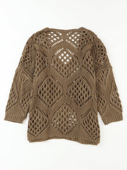 Khaki Hollowed Knit V Neck Batwing Sleeve Shift Sweater