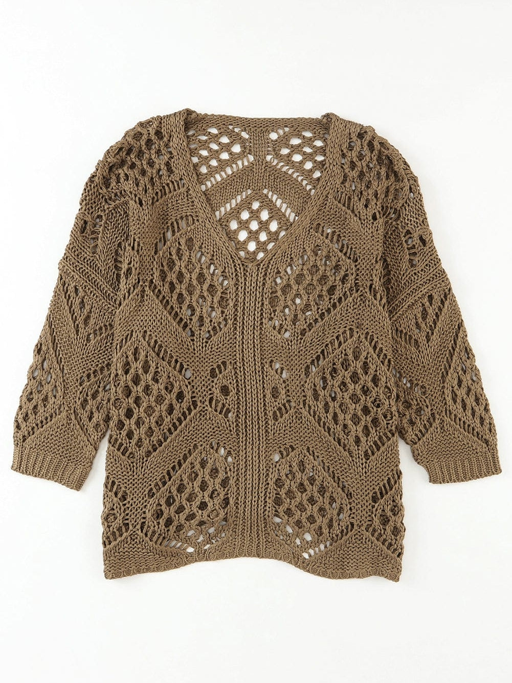 Khaki Hollowed Knit V Neck Batwing Sleeve Shift Sweater