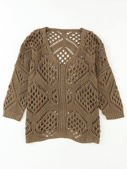 Khaki Hollowed Knit V Neck Batwing Sleeve Shift Sweater