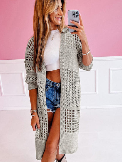 Khaki Hollowed Mix Pattern Knit Long Cardigan Sweater