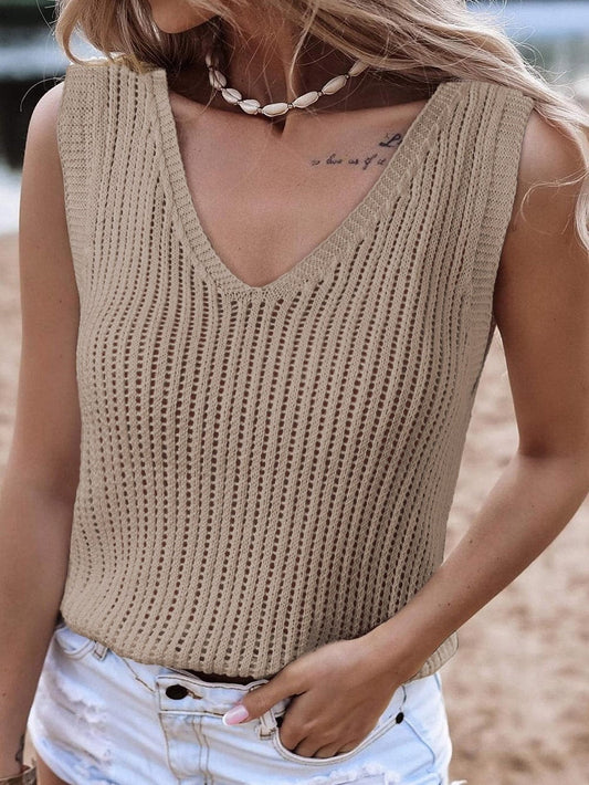 Khaki Hollowed V Neck Knit Tank Top