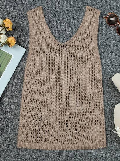 Khaki Hollowed V Neck Knit Tank Top