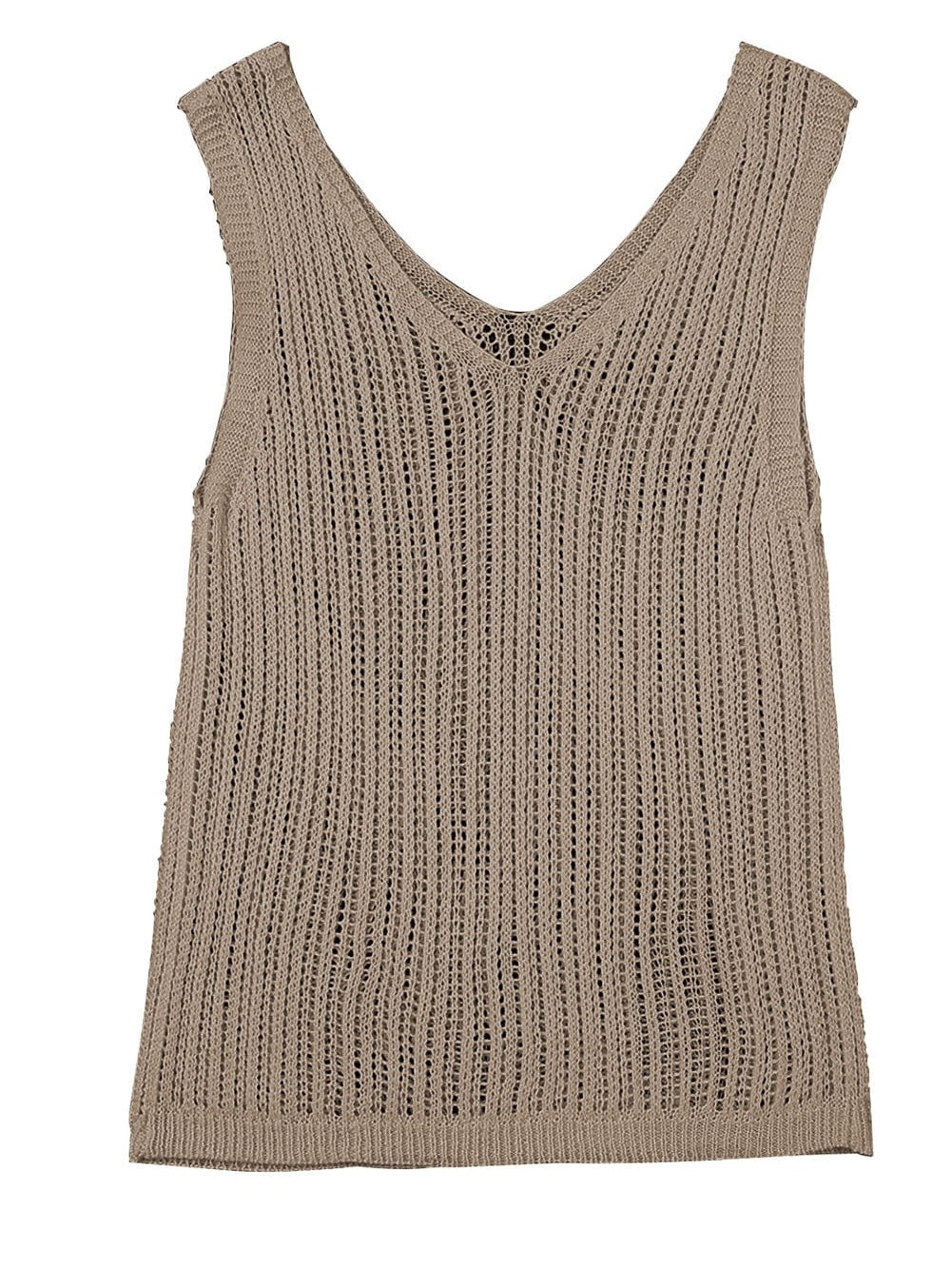 Khaki Hollowed V Neck Knit Tank Top