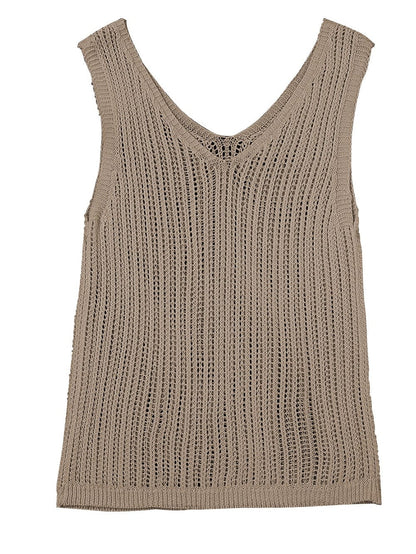 Khaki Hollowed V Neck Knit Tank Top