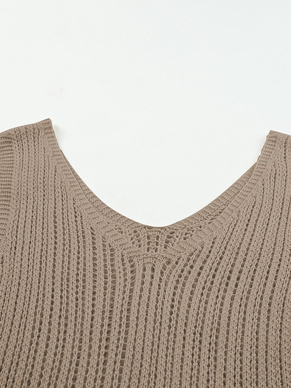 Khaki Hollowed V Neck Knit Tank Top