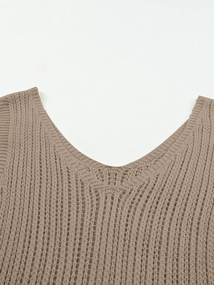 Khaki Hollowed V Neck Knit Tank Top
