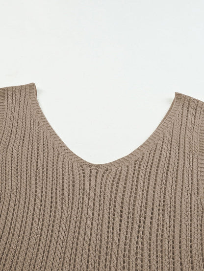 Khaki Hollowed V Neck Knit Tank Top
