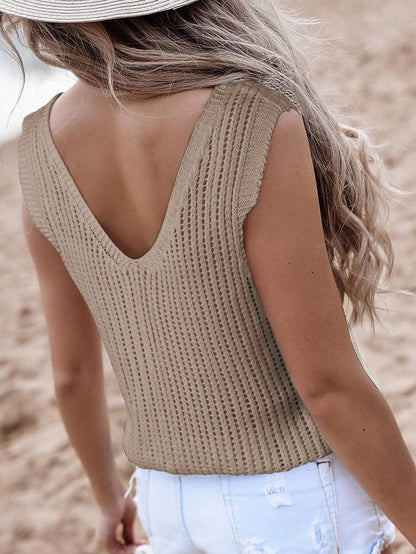 Khaki Hollowed V Neck Knit Tank Top