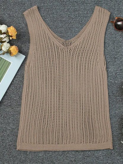 Khaki Hollowed V Neck Knit Tank Top