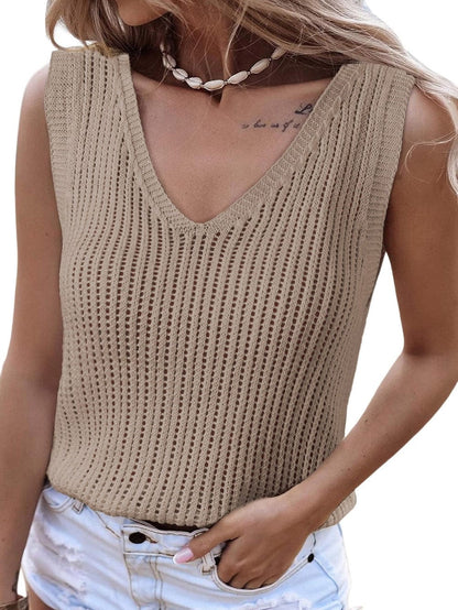 Khaki Hollowed V Neck Knit Tank Top