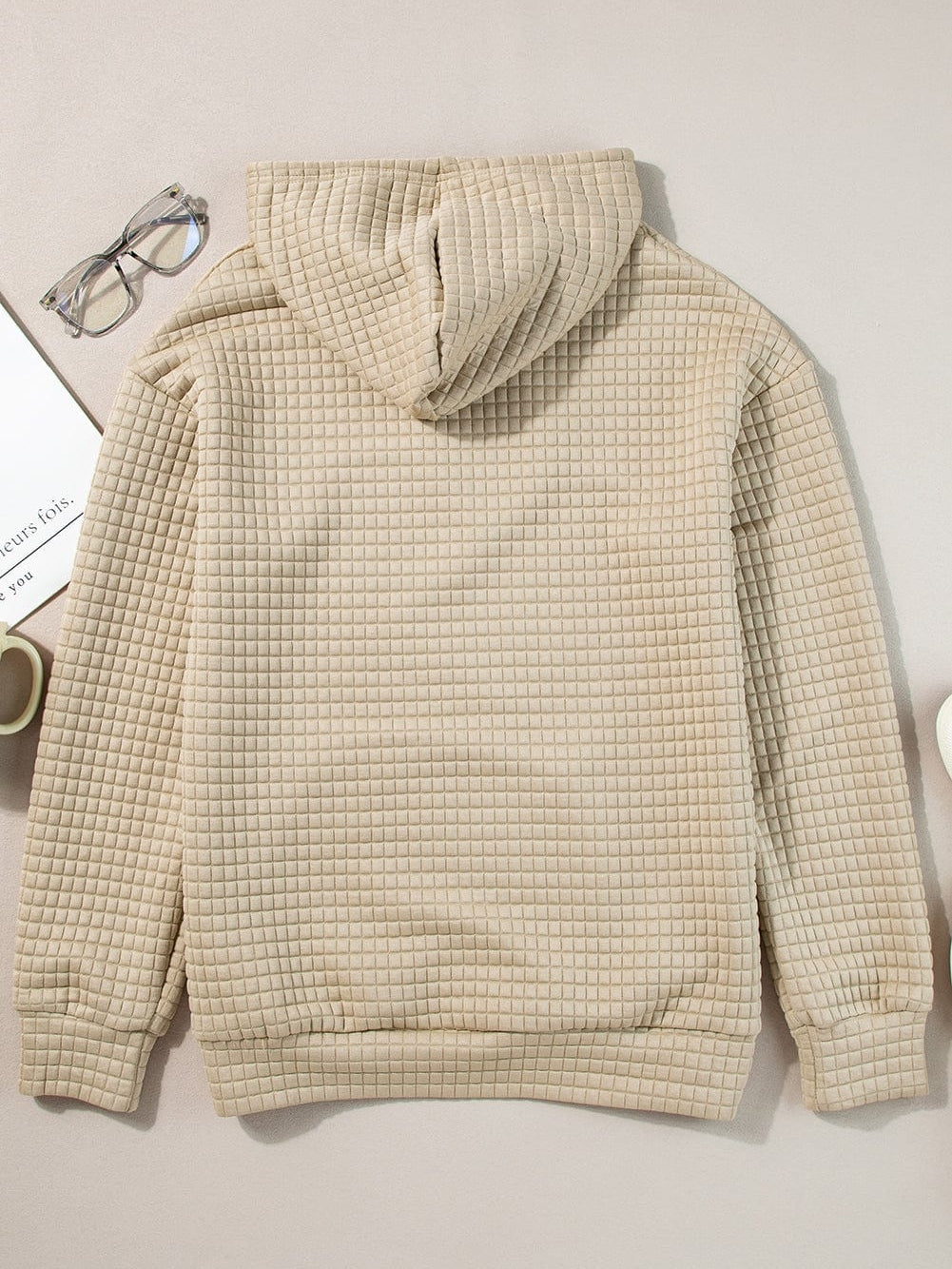 Khaki Lattice Textured Kangaroo Pocket Hooded Hoodie