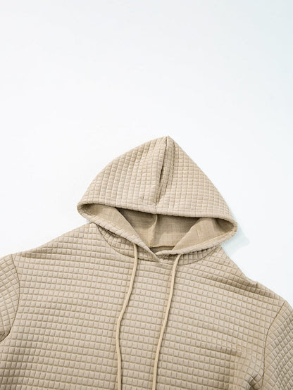 Khaki Lattice Textured Kangaroo Pocket Hooded Hoodie