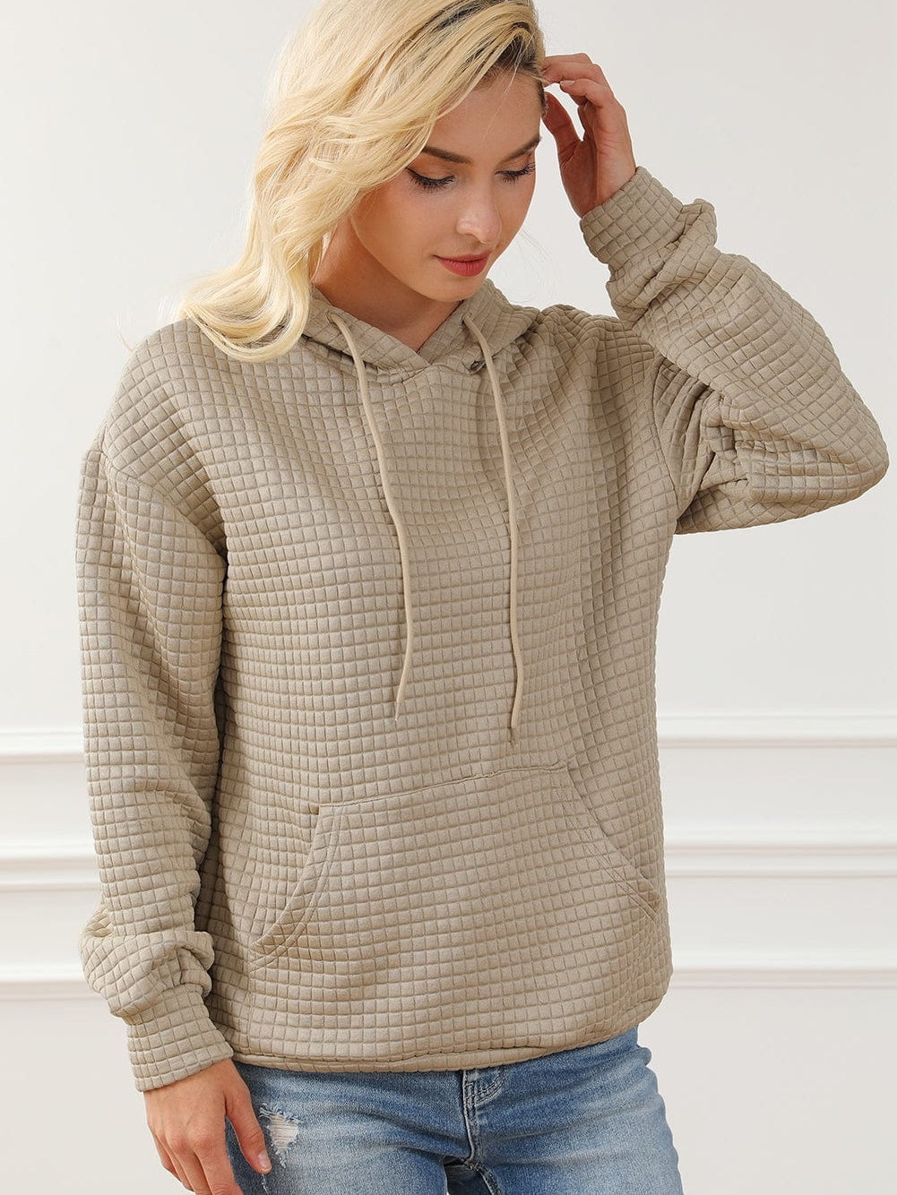 Khaki Lattice Textured Kangaroo Pocket Hooded Hoodie