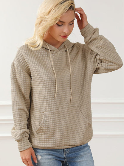 Khaki Lattice Textured Kangaroo Pocket Hooded Hoodie