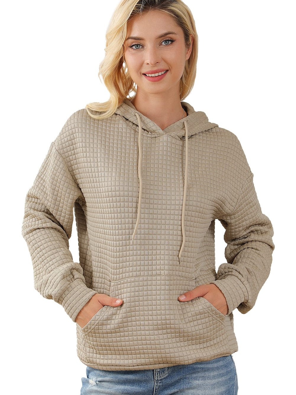 Khaki Lattice Textured Kangaroo Pocket Hooded Hoodie