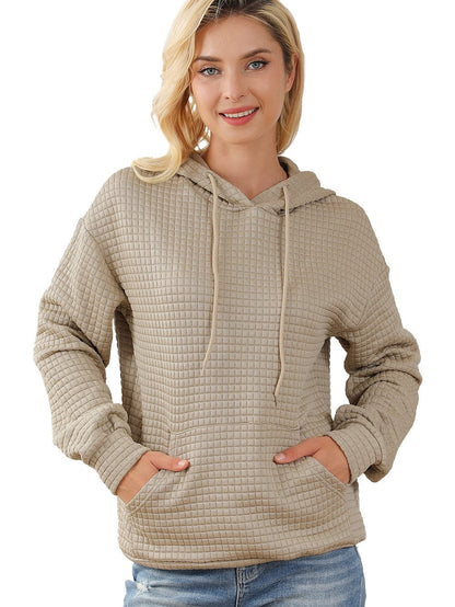 Khaki Lattice Textured Kangaroo Pocket Hooded Hoodie