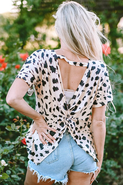 Khaki Leopard Batwing Sleeve Twisted Back Tee