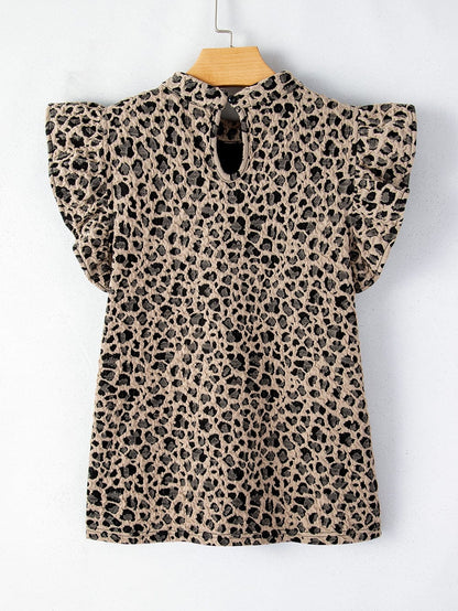 Khaki Leopard Print Ruffle Sleeve Top