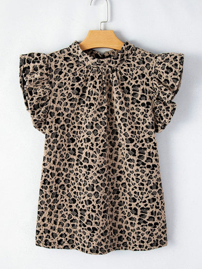 Khaki Leopard Print Ruffle Sleeve Top