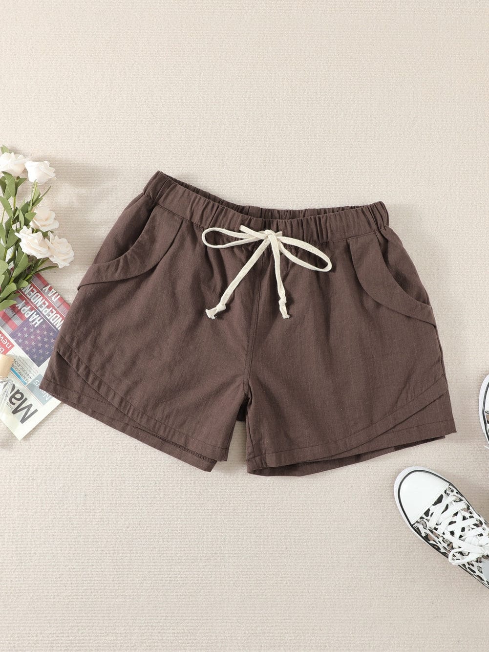 Khaki Linen Drawstring Shorts
