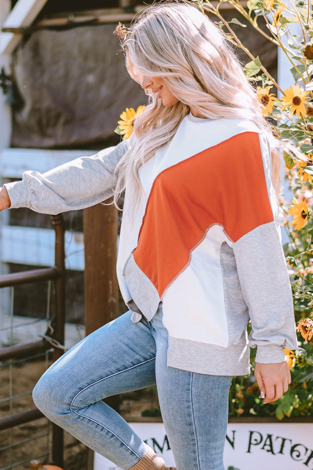 Khaki Patchwork Long Sleeve Top with Color Block Detail