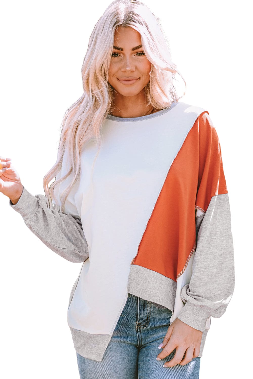 Khaki Patchwork Long Sleeve Top with Color Block Detail