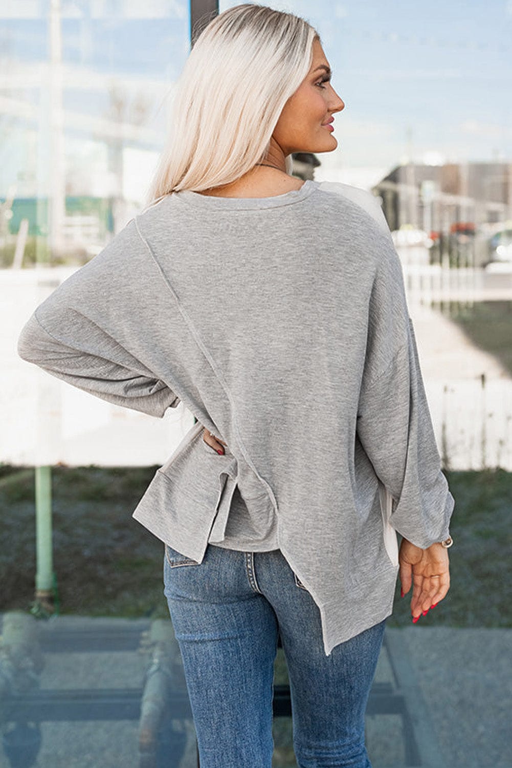 Khaki Patchwork Long Sleeve Top with Color Block Detail