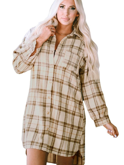 Khaki Plaid Button Up Shirt Dress with Western Flair