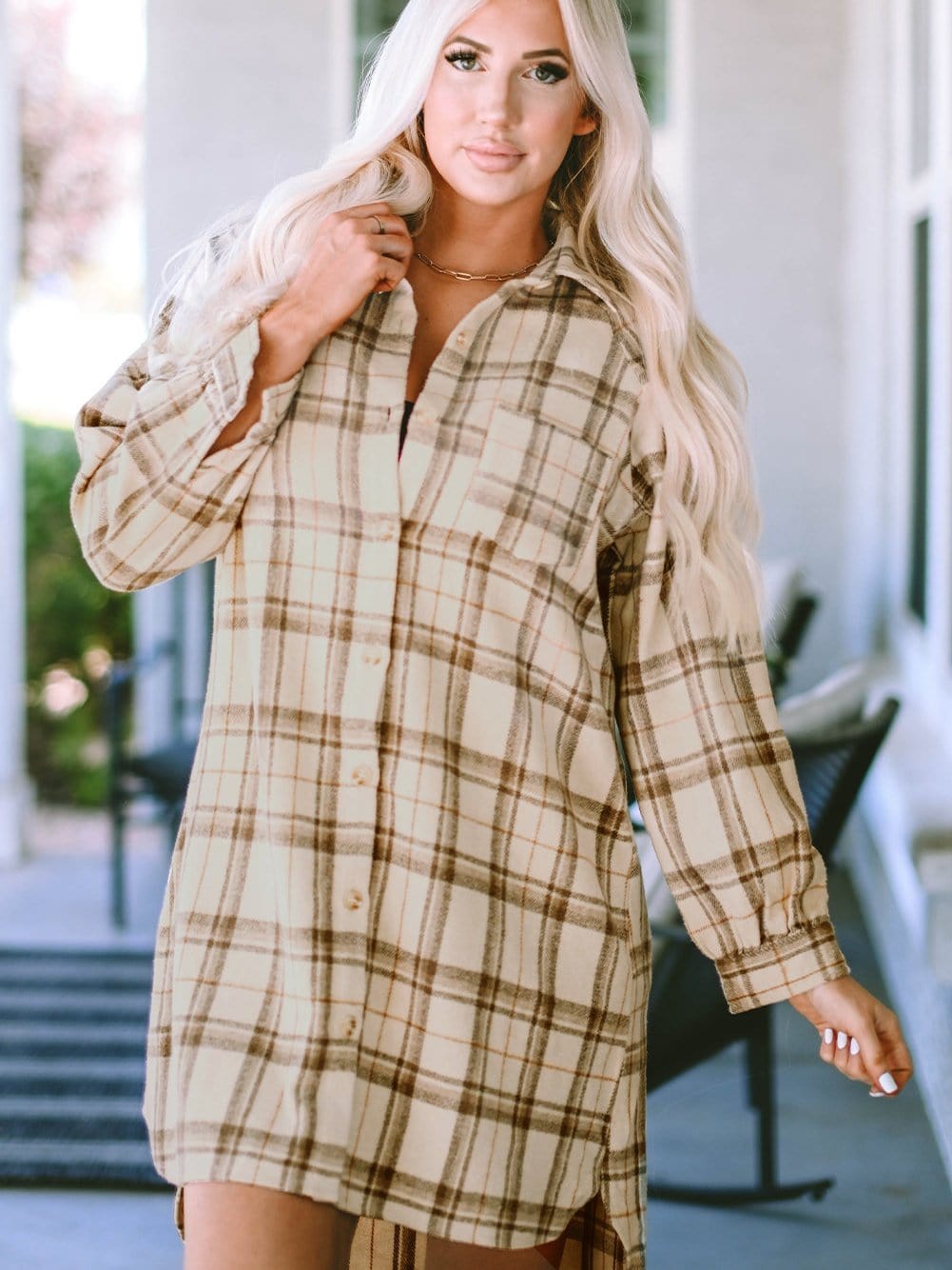Khaki Plaid Button Up Shirt Dress with Western Flair
