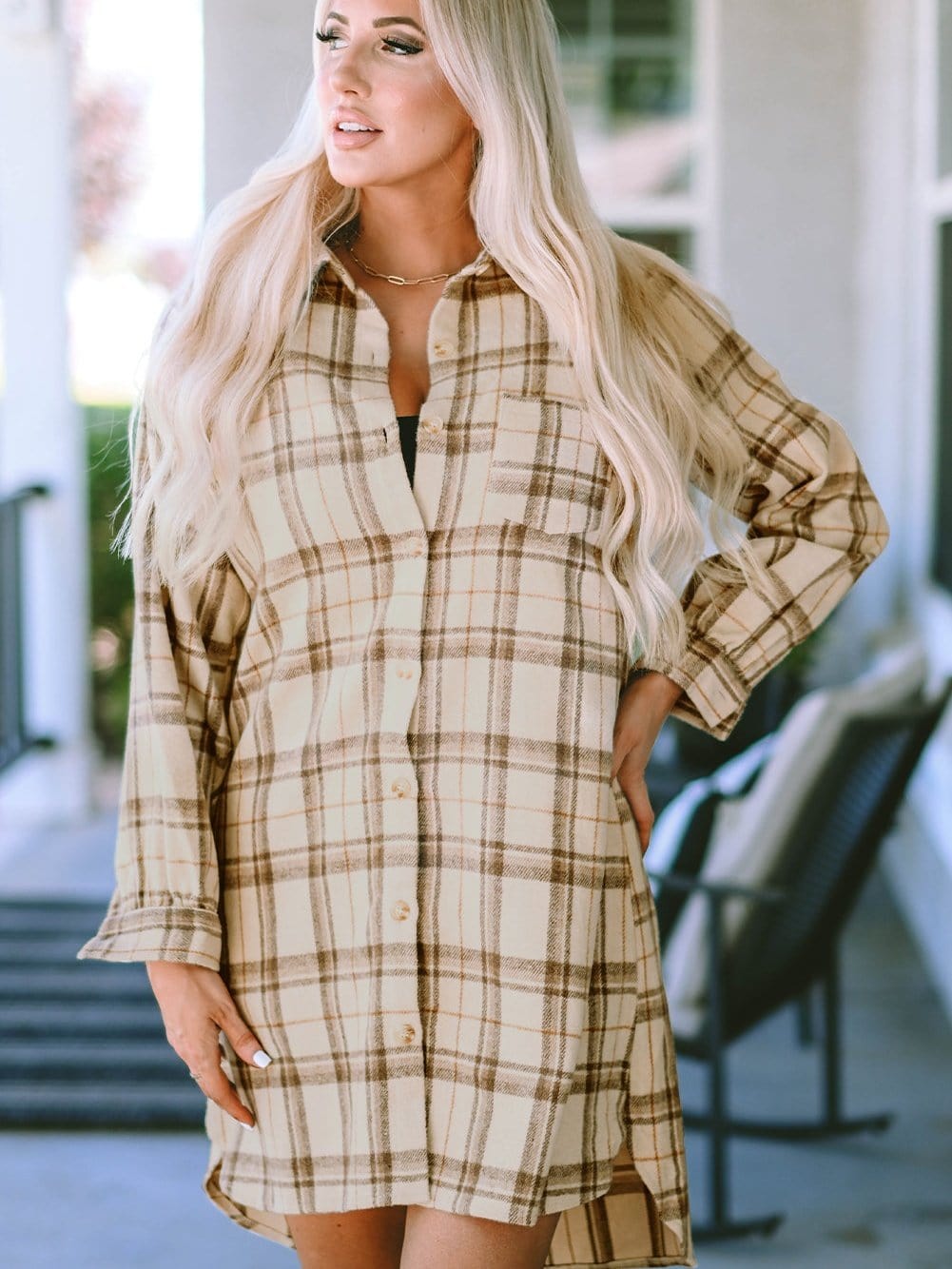 Khaki Plaid Button Up Shirt Dress with Western Flair