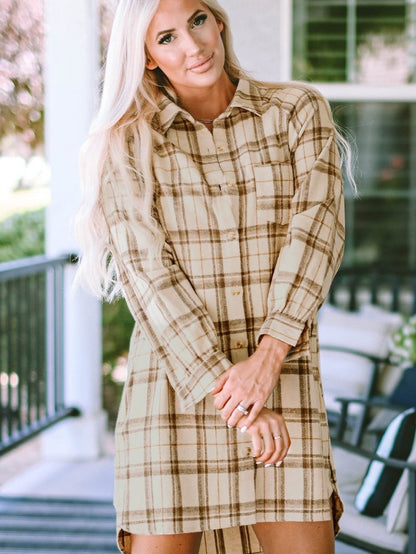 Khaki Plaid Button Up Shirt Dress with Western Flair
