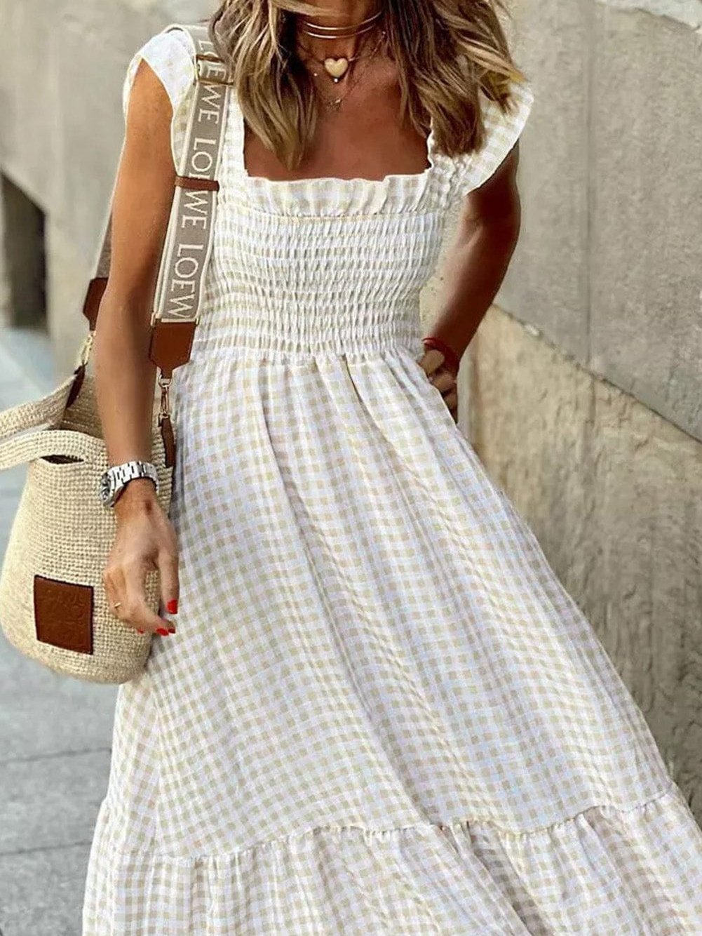 Khaki Plaid Maxi Dress with Ruffled Sleeves