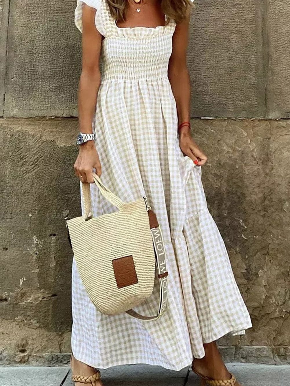 Khaki Plaid Maxi Dress with Ruffled Sleeves