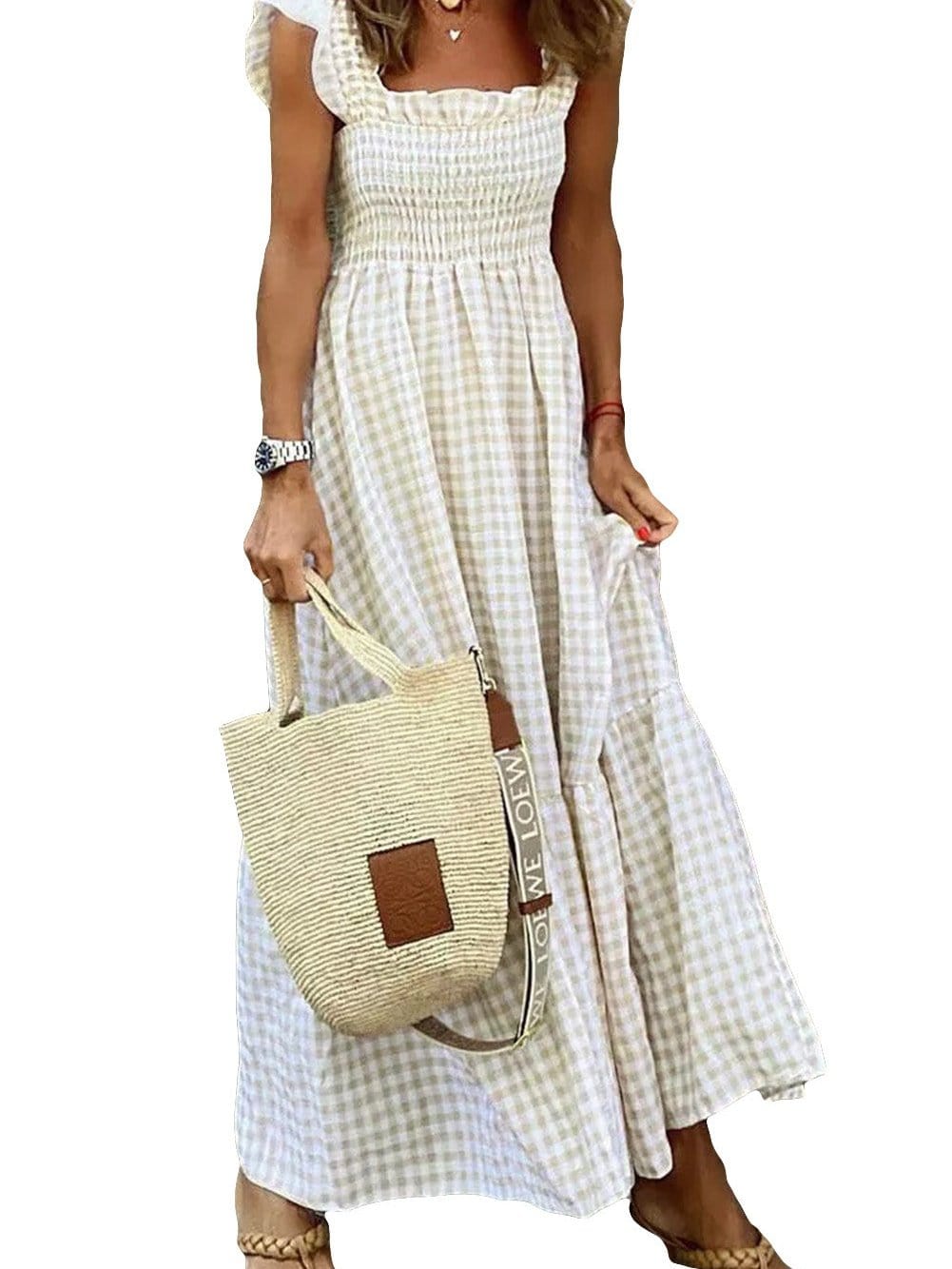 Khaki Plaid Maxi Dress with Ruffled Sleeves