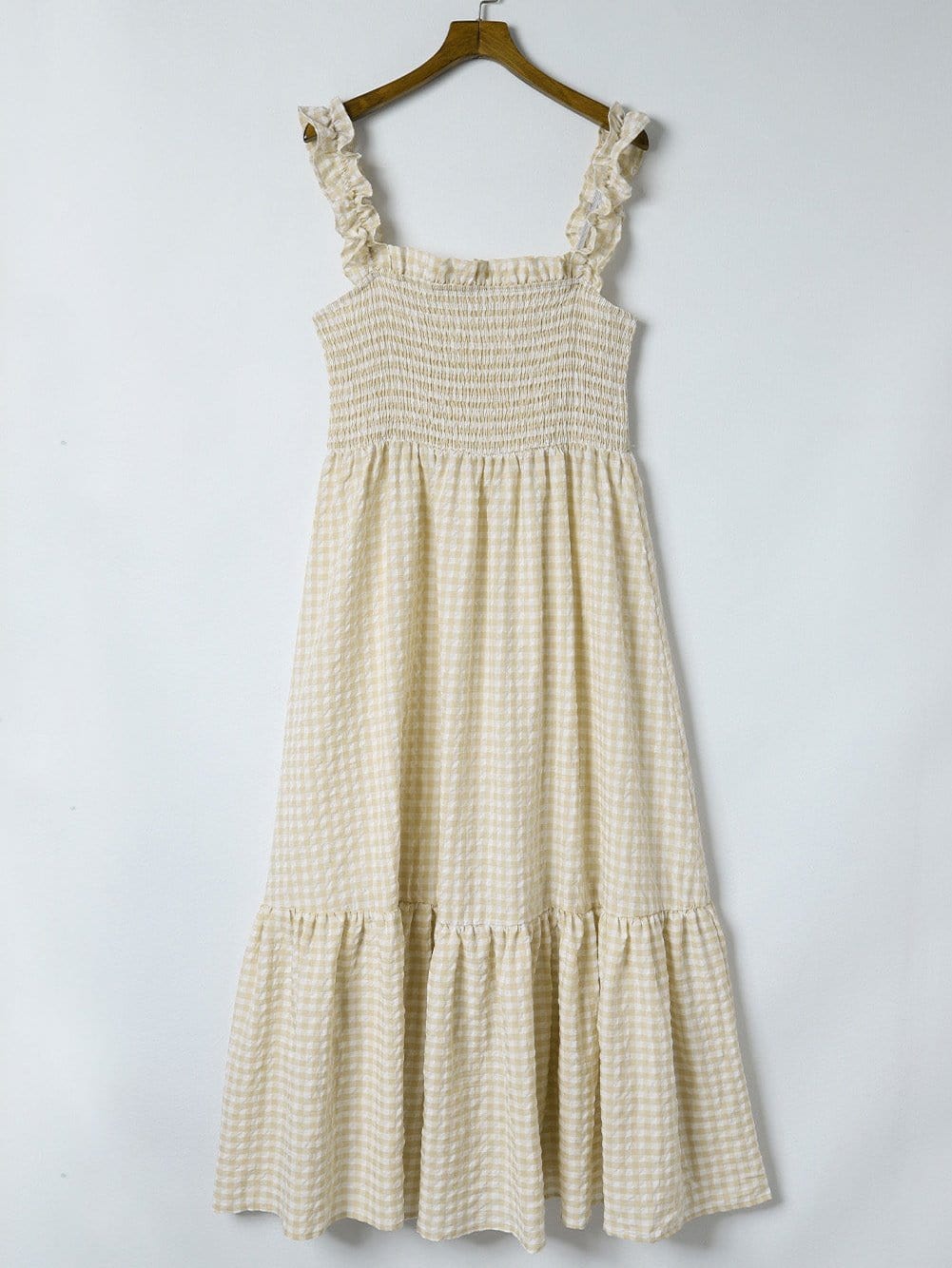 Khaki Plaid Maxi Dress with Ruffled Sleeves