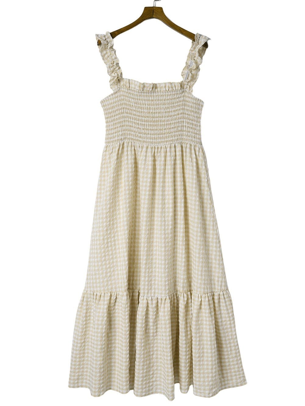 Khaki Plaid Maxi Dress with Ruffled Sleeves