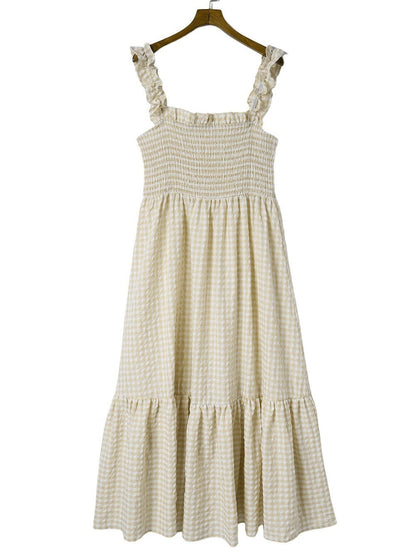 Khaki Plaid Maxi Dress with Ruffled Sleeves