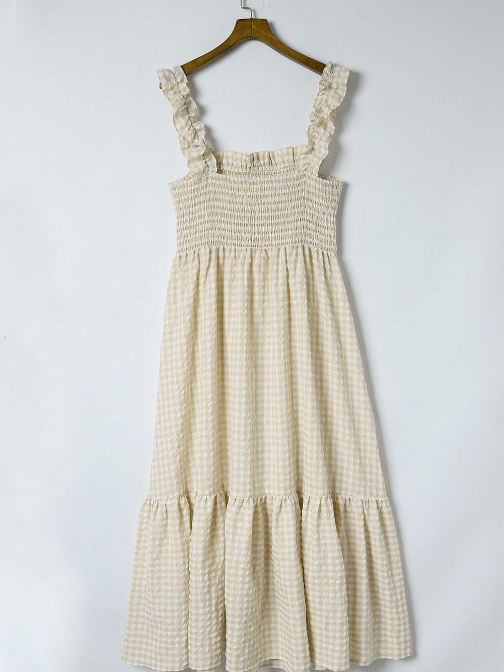 Khaki Plaid Maxi Dress with Ruffled Sleeves