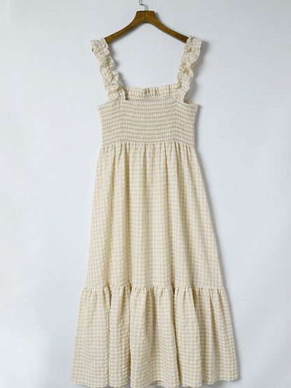 Khaki Plaid Maxi Dress with Ruffled Sleeves