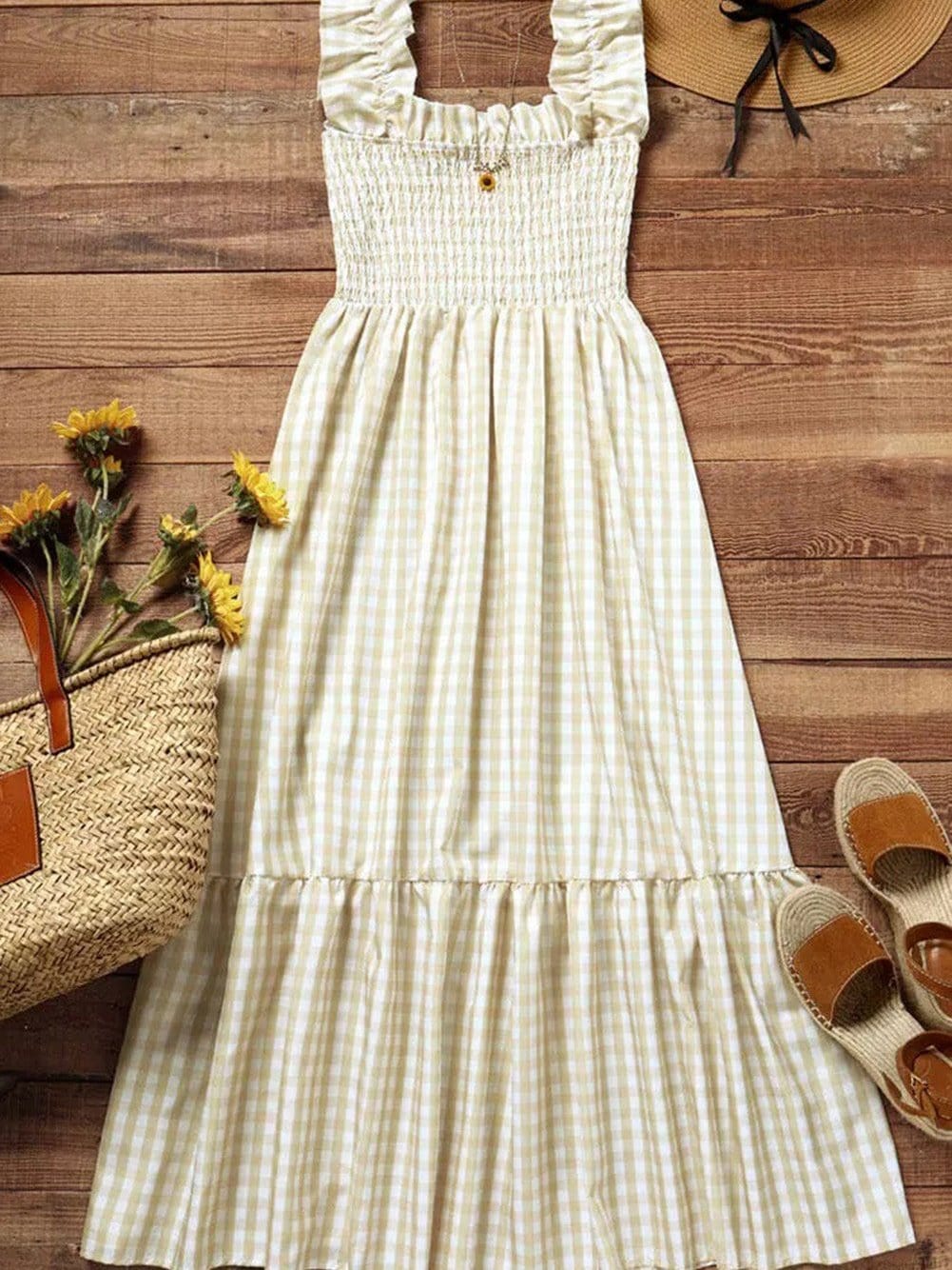 Khaki Plaid Maxi Dress with Ruffled Sleeves