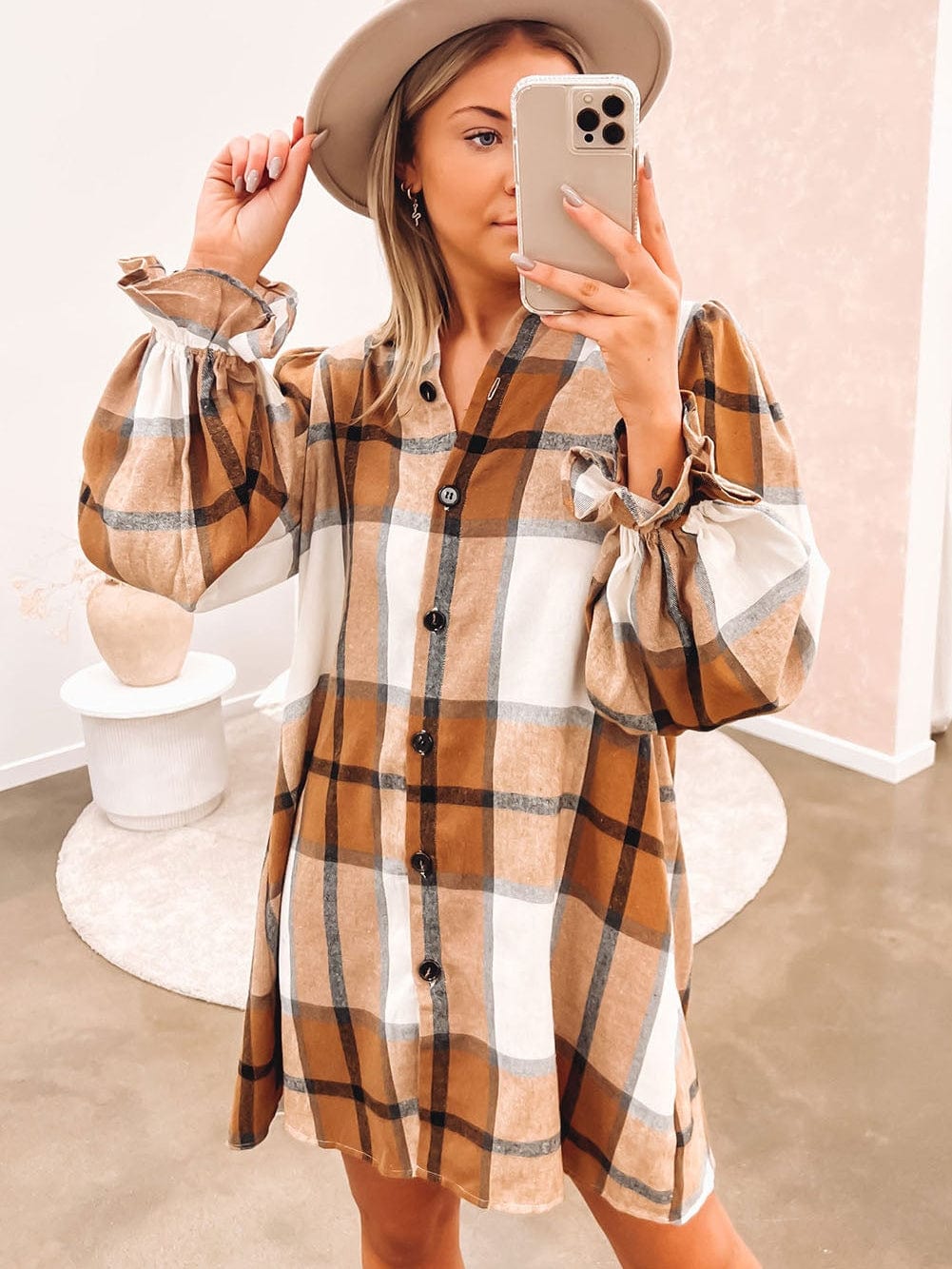 Khaki Plaid Ruffle Sleeve Shirt Dress with Collared Neck