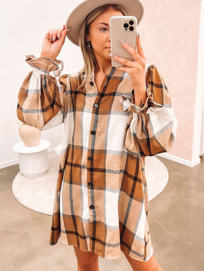 Khaki Plaid Ruffle Sleeve Shirt Dress with Collared Neck