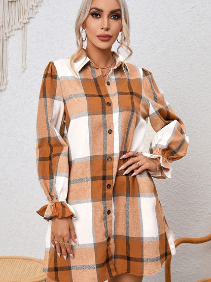 Khaki Plaid Ruffle Sleeve Shirt Dress with Collared Neck