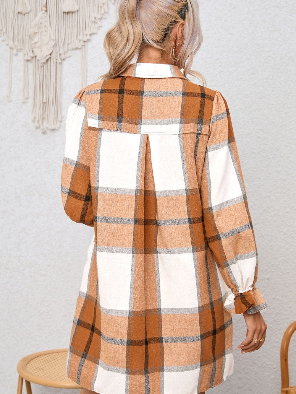Khaki Plaid Ruffle Sleeve Shirt Dress with Collared Neck