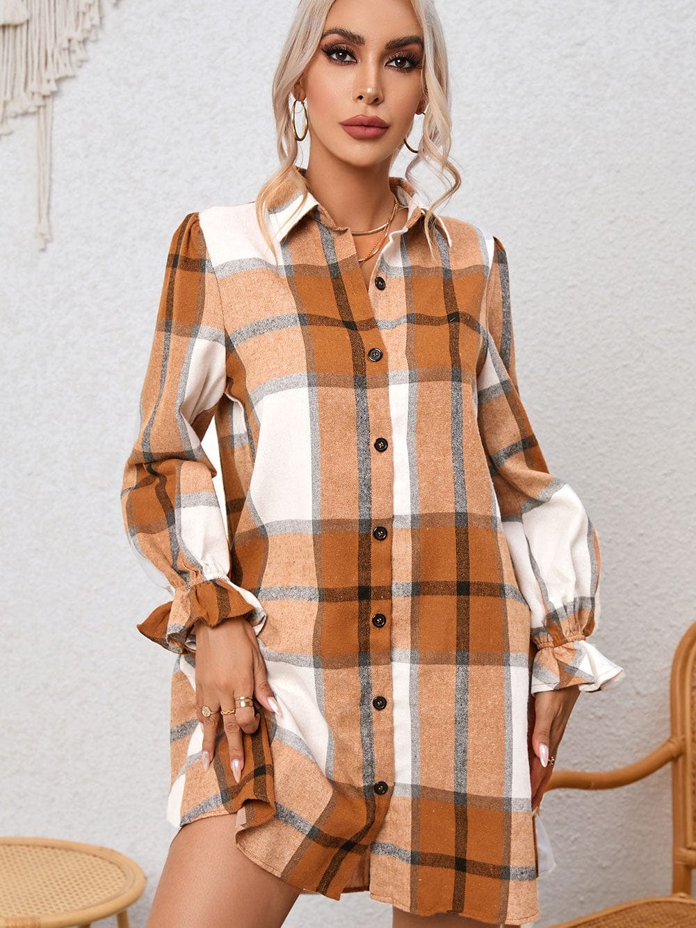Khaki Plaid Ruffle Sleeve Shirt Dress with Collared Neck