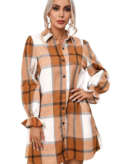 Khaki Plaid Ruffle Sleeve Shirt Dress with Collared Neck