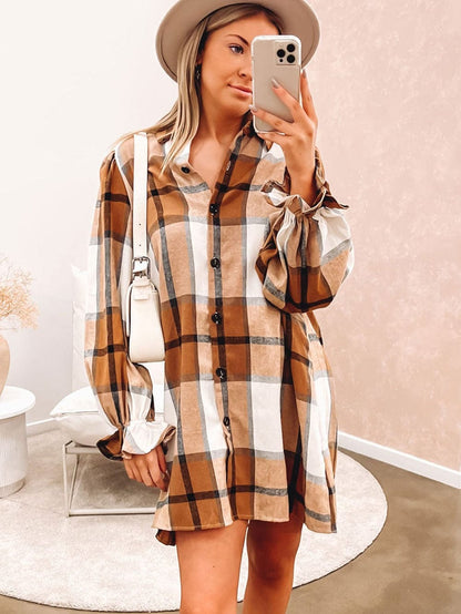 Khaki Plaid Ruffle Sleeve Shirt Dress with Collared Neck